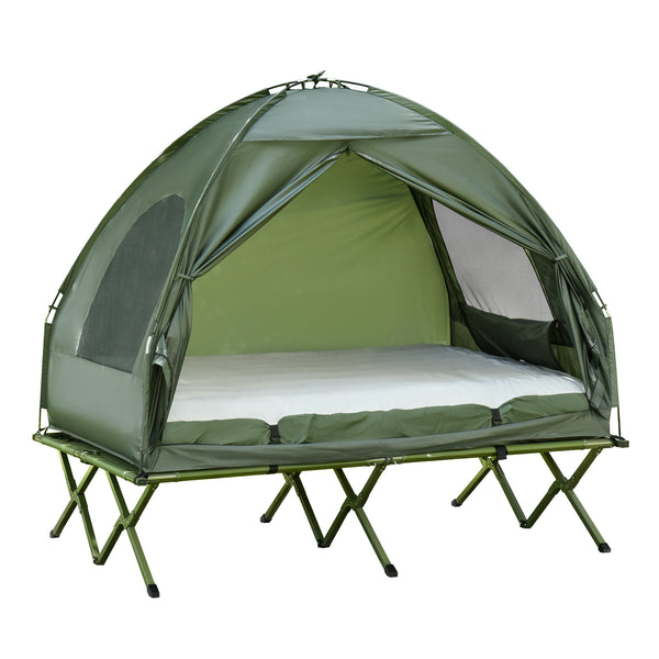 Outsunny 2 Person Foldable Camping Cot with Tent, Bedspread and Thick Air Mattress, 4-In-1 Elevated Camping Bed Tent for Outdoor Hiking, Picnic, Travel