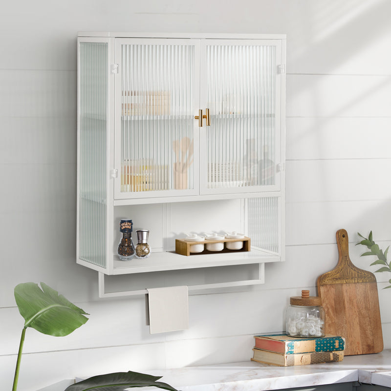 23.62'Glass Doors Modern Two-door Wall Cabinet with Featuring Two-tier Enclosed Storage, an Open Shelf, and Towel Rack, for Entryway Living Room Bathroom Dining Room
