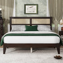 Queen Size Rubber Wooden, Solid Wooden Bed with Rattan Headboard, Enhanced by Support Feet,Espresso