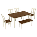 TREXM Classic 6-Piece Dining Set Wooden Table and 4 Chairs with Bench for Kitchen Dining Room Brown+Cottage White