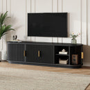 [Assembly Video] Farmhouse Wooden TV Stand with Sliding Tambour Door for TVs up to 75', Fluted Media Console with Adjustable Storage, Golden Handle TV Cabinet with Cable holes for Living Room, Black