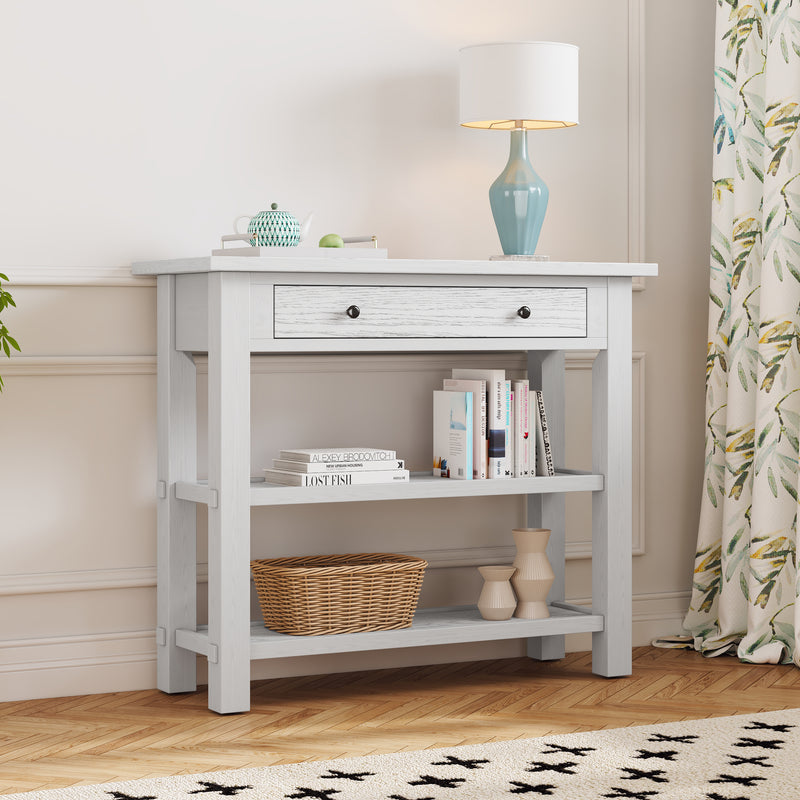 TREXM Entryway Table with Storage, Retro Console Table with Drawer and Two Sturdy Shelves for Entryway, Living Room (Antique White)