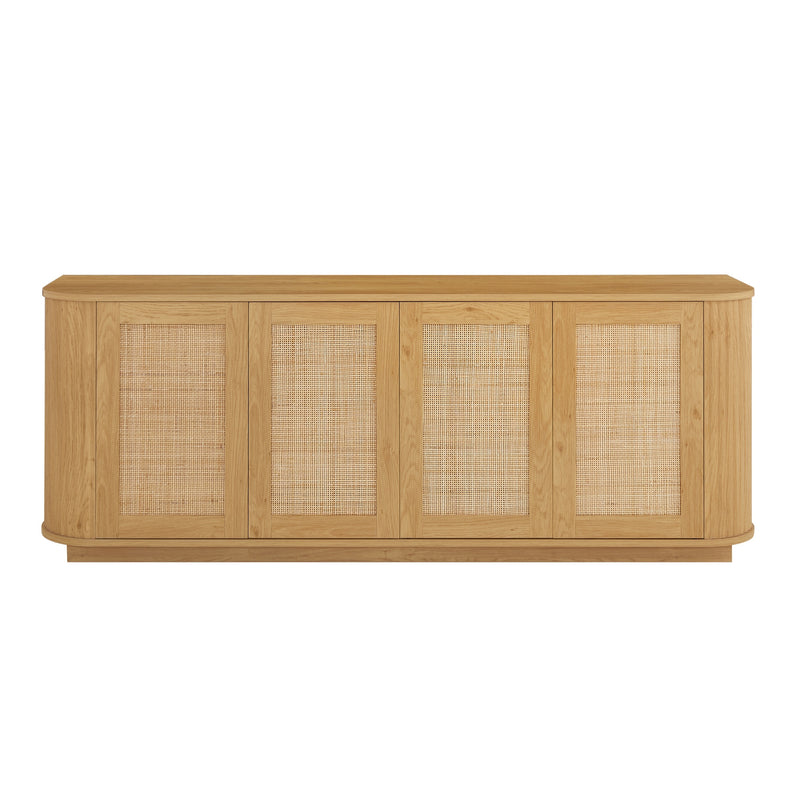 Contemporary Wave-Shaped TV Stand with Rattan Doors, Natural Wood Finish, 64''W x 15''D x 24''H