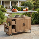 54.33' Farmhouse Rolling Outdoor Kitchen Cart, Solid Wood Frame with Stainless Steel Top, Spice Rack, Towel Rack, Lockable Wheels & Multi-Functional Storage for Patio, Backyard BBQ & Kitchen