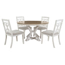 TREXM Retro Functional Dining Set with Extendable Round Table and 4 Upholstered Chairs in Brown + Antique White, Solid Rubber Wood with Linen Cushions