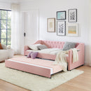 Twin‑Size Daybed,Upholstered Convertible Daybed with Tufted Button Backrest, 3‑in‑1 Versatile Sofa Bed with Pull‑Out Trundle & Side Storage, Perfect for Compact Living-Pink