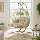 2 Person Hanging Egg Chair with Stand, Double Outdoor Wicker Swing Chair with Adjustable Footrest & Thickened Cushions for Patio Garden Balcony