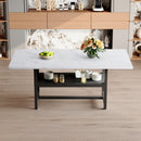 A 71 * 35.4 inch dining table with a tabletop cleverly pieced together by four white textured MDF boards. The desktop has a 43.3 * 19.7 storage platform. Very suitable for family gatherings,etc.