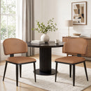 Set of 2 armless faux leather dining chairs with curved backrests. Easy to assemble and wipe clean. Modern brown, perfect for dining rooms, cafes and small spaces.
