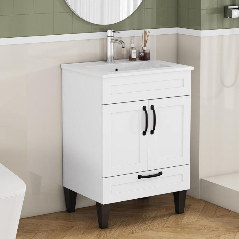 24-inch Bathroom Vanity With Sink Combo,Cabinet With 2 Doors and 1 Big Drawer,Black Metal Handle,Black Feet,Soft Close Hinge,Mordern Bathroom Cabinet,Easy Assemble,White