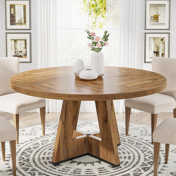 47' Round Farmhouse Dining Table – Burlywood Wood Kitchen Table for 4, Cross Base Wooden Dinner Table for Dining Room, Breakfast Nook, or Living Area
