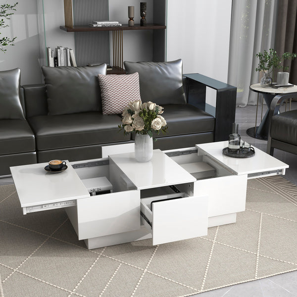 [VIDEO provided] ON-TREND Coffee Table with 2 large Hidden Storage Compartment, Extendable Cocktail Table with 2 Drawers, High-gloss Center Table with Sliding Top for Living Room, 39.3'x21.6', White