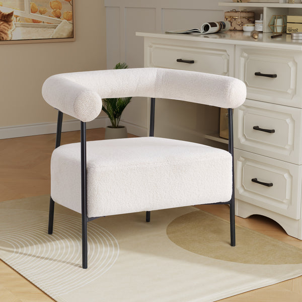 Modern Boucle Fabric Upholstered Accent Chair, Curved Armchair with Black Metal Frame, White