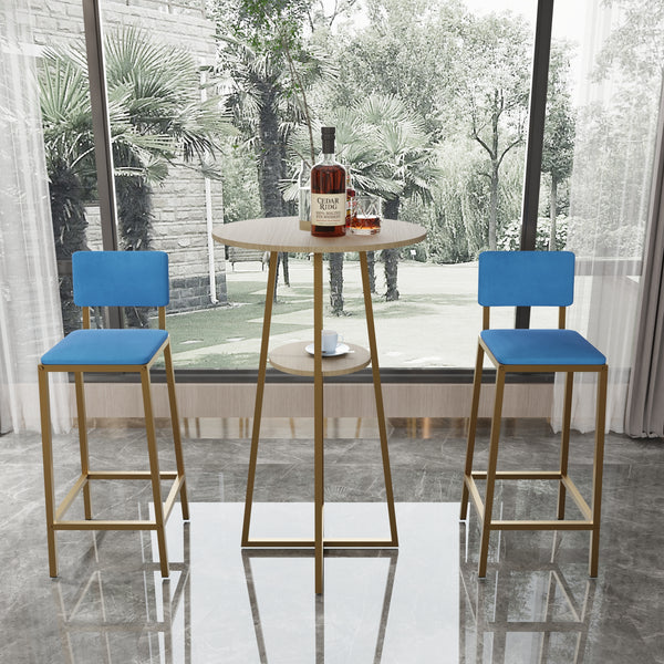 Bar table and chairs three piece set, gold frame, sponge made seat cushions and backrests, bar table with storage function (gold+brown tabletop+blue cushion)