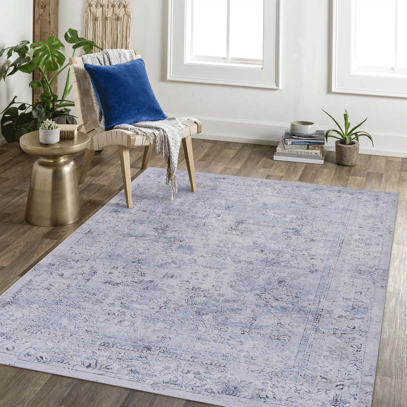 MAVAL Blue Washable Rug 3x5 Area Rug (Blue+Cream, 3' x 5')