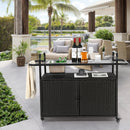 Outdoor Bar Table, Wicker Bar Cart with Cabinet, Patio Serving Cart with steel Top, with one ice bucket,Lockable Wheels, Side Basket for Garden, Poolside & Backyard, Black