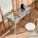 Mirrored Makeup Vanity Desk with Crushed Diamond Inlay, Silver Dressing Table with Flip-Top Mirror, Glass Console Table for Bedroom, Entryway, Dressing Room, Silver