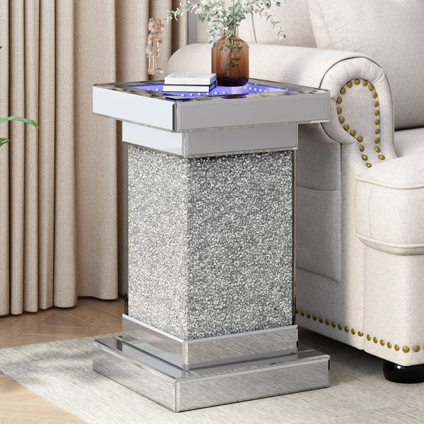 [Video Provided] U-Can 11.8'' Silver Square Mirrored End Table with LED lights, Modern Side Table with Crushed Diamond for Living Room, No Assembly Required