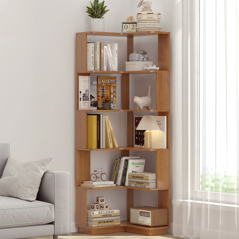 6 Tier Freestanding L-Shaped Corner Bookshelf For Living Room, Bedroom, Wooden Bookcase with anti-drop panle and anti tipping device, Display shelf Open storage rack Organizer for Home Office DARK OAK