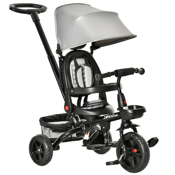 Baby Tricycle 4 In 1 Trike w/ Reversible Angle Adjustable Seat Removable Handle Canopy Handrail Belt Storage Footrest Brake Clutch for 1-5 Years Old Grey