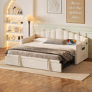 Upholstered Twin Size Daybed with Adjustable Height Pop Up Trundle Twin Bed and USB & Type-C Charging Port, Day Bed Frame with 2 Side Pockets, No Box-Spring Needed, Beige(Old SKU:N733S285118A)