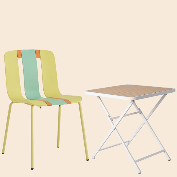 4-Pack Modern Striped Color Block Chairs-Indoor/Outdoor PP Seat & Sturdy Metal Legs,  Yellow, Orange, Green with Modern folding indoor/outdoor square table- PP tabletop with metal legs(White, khaki)