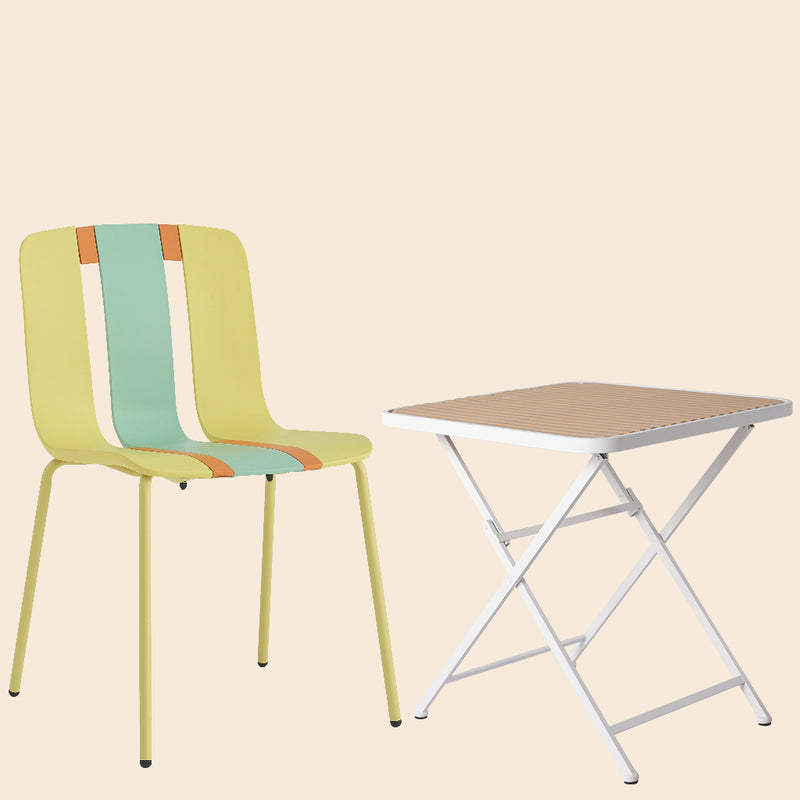 4-Pack Modern Striped Color Block Chairs-Indoor/Outdoor PP Seat & Sturdy Metal Legs,  Yellow, Orange, Green with Modern folding indoor/outdoor square table- PP tabletop with metal legs(White, khaki)