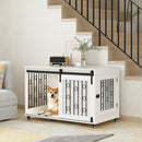 39.37'' Modern Wooden Dog Crate Furniture with Sliding Barn Door and Side Door, Indoor Dog Kennel End Table for Small to Medium Dogs, Decorative Pet Crate with Metal Bars and Lockable Wheels – White