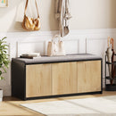 Vividwood 2-Tier Shoe Storage Bench with 3 Doors & Adjustable Shelf, Removable Padded Seat Cushion, 41.3' Entryway Bench for Living Room, Bedroom, Hallway – Wood Grain & Black Modern Farmhouse Design