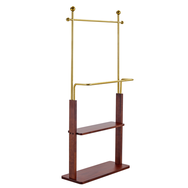 Golden Stainless Steel Hanger Walnut Colored Solid Wood Double-Layer Coat Rack with Solid Wood Partition 68.9 Inches High