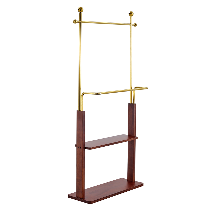 Golden Stainless Steel Hanger Walnut Colored Solid Wood Double-Layer Coat Rack with Solid Wood Partition 68.9 Inches High