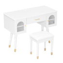 Elegant Vanity Makeup Table & Chair Set, Modern Dressing Table with Organizer, Writing Desk, Charging Port, White, Engineered Wood