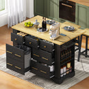 K&K Kitchen Island with 6 Drawers, Pull Out Trash Can Storage, Rolling Kitchen Island on 5 Wheels with Drop Leaf, Power Outlet, 5 Open Side Racks for Kitchen, Dining Room, Black