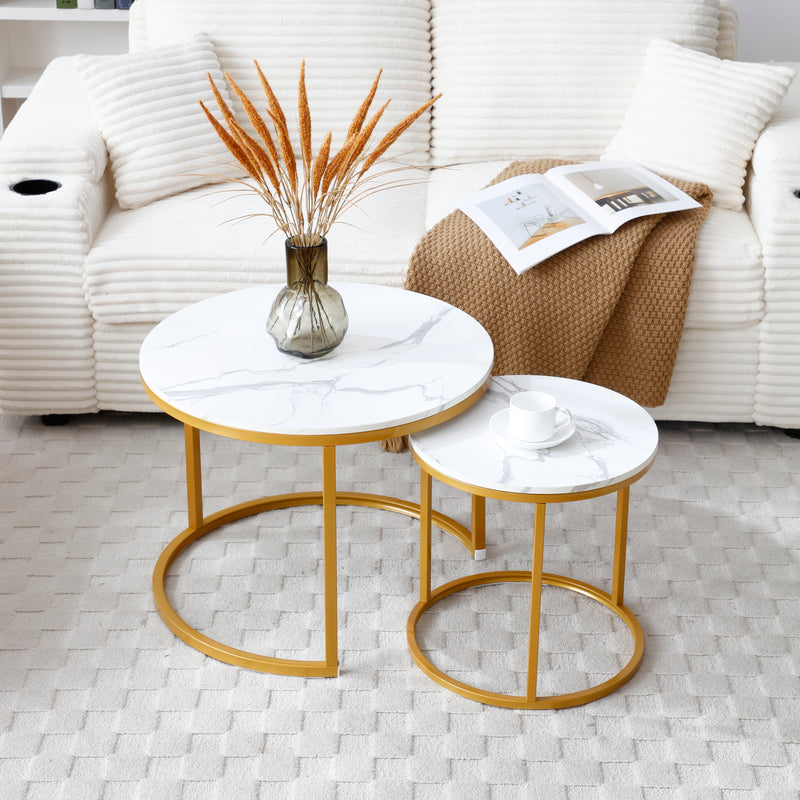 Set 2 Coffee Table Nesting White and gray top  Golden Frame Circular Round and Marble Pattern Wooden Tables, Living Room Bedroom Apartment Modern Industrial Simple Nightstand
