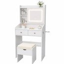 Small Makeup Vanity Desk with Sliding Mirror & Dimmable LED Lights, White Vanity Table with 2 Drawers, Hidden Storage, Power Outlets, USB Ports & Hair Dryer Holder for Bedroom White