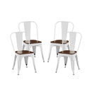 Set of 4 High Gloss White with Walnut Wooden Seat Industrial Metal Dining Chairs 18 Inch Seat Height Stackable, Indoor Outdoor, Lightweight Easy-Clean Surface, Easy Assembly, Durable Modern Design