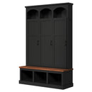 Classic Arched Design Hall Tree with 3 Hidden Storage, Farmhouse Mudroom with Walnut Bench, Mid-Century All-in-One Entryway Organizer with 5 Hooks for Hallway, Black