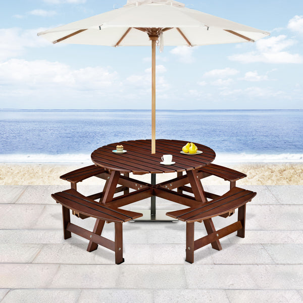 8-Person Outdoor Round Picnic Table Set with 4 Built-in Benches & Umbrella Hole - Perfect for Garden, Backyard, Porch & Patio - Brown Wood