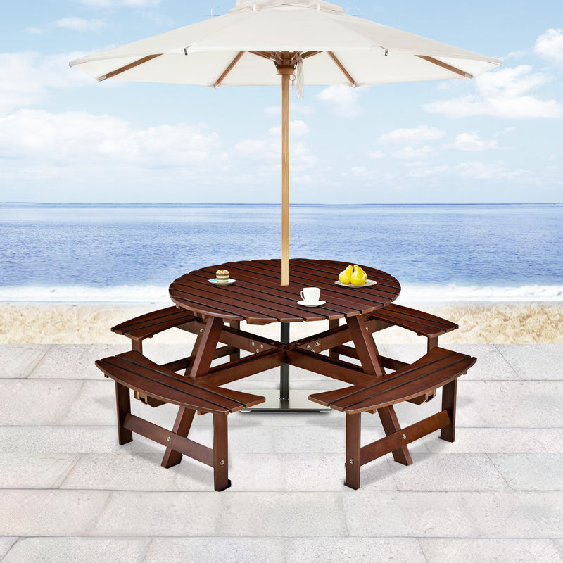 8-Person Outdoor Round Picnic Table Set with 4 Built-in Benches & Umbrella Hole - Perfect for Garden, Backyard, Porch & Patio - Brown Wood