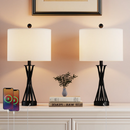 24' Modern Black Metal Table Lamp with USB Type-C Ports and Linen Shade (Set of 2) for Bedroom, Office, living Room
