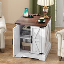ON-TREND Farmhouse End Table with Charging Station, Rustic Wood Nightstand with Adjustable Shelf, 19.6'W Versatile Walnut Sofa Side Table with Barn Doors & Retro Hinges for Bedroom, Living Room, White
