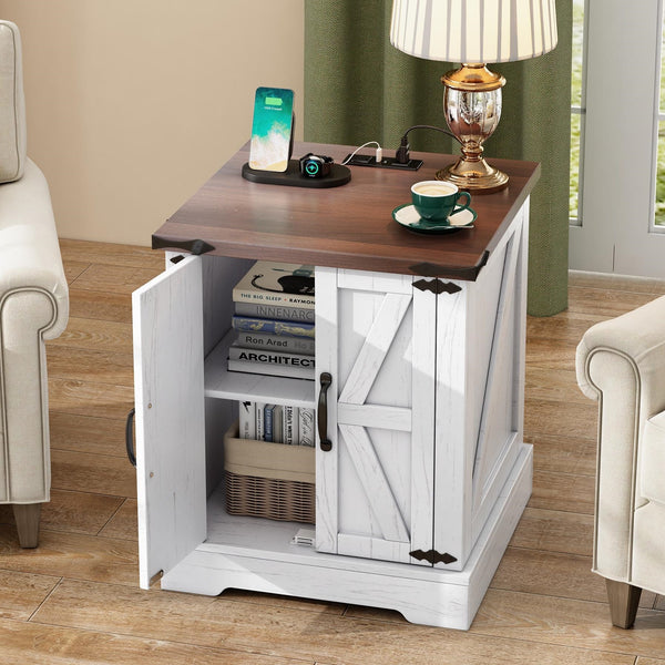 ON-TREND Farmhouse End Table with Charging Station, Rustic Wood Nightstand with Adjustable Shelf, 19.6'W Versatile Walnut Sofa Side Table with Barn Doors & Retro Hinges for Bedroom, Living Room, White