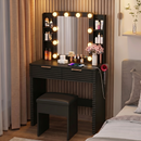 Makeup Vanity Desk with 10 Hollywood Bulbs, Fluted Dressing Table with Charging Station, 2 Drawers and 4 Open Shelves, Hairdryer Holder, Padded Stool with Storage , Black