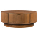 Farmhouse Round Coffee Table with Storage Drawer, Modern Fluted Coffee Table with Golden Handle, Wood Center Table for Living Room, Contemporary Accent Cocktail Table
