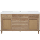 Modern 60' Bathroom Vanity with SMC Sink, Natural Wood Grain Finish, Rattan Doors, Silver Knobs, 5 Pine Legs, Soft Close Drawers