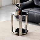 16.90 Inch Modern End Table, Bedside Table,Double-Layer Tempered Black Glass & Silver Stainless Steel Frame Living Room Table, Round Table,Easy Assembly.