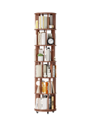 100%Solid Wood Rotating Bookshelf on Wheels, 6 Tier, Round Revolving Bookcase, 360° Spinning Book Shelf Tower for Kids, Narrow Rolling Bookshelves for Small Space, Corner, Bedroom, Office, Walnut