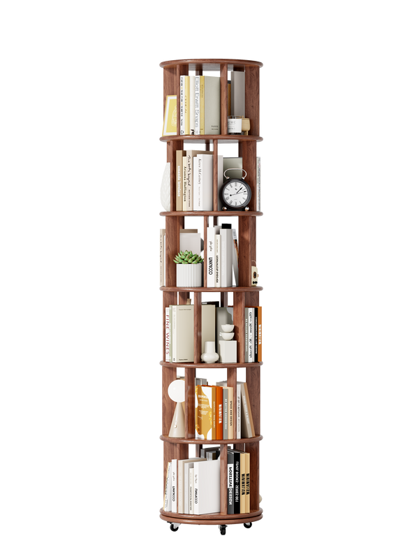 100%Solid Wood Rotating Bookshelf on Wheels, 6 Tier, Round Revolving Bookcase, 360° Spinning Book Shelf Tower for Kids, Narrow Rolling Bookshelves for Small Space, Corner, Bedroom, Office, Walnut