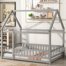 Full Size Floor Wooden Bed with House Roof Frame and Fence Guardrails, Grey, Pine and Plywood