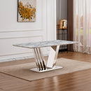 Marble Dining Table for 6 People, 70'' Rectangle Faux Marble Dining Table with Mirrored Finish Stainless Steel Base, Modern Large Size Marble Kitchen Table (Silver,Grey)(only table)